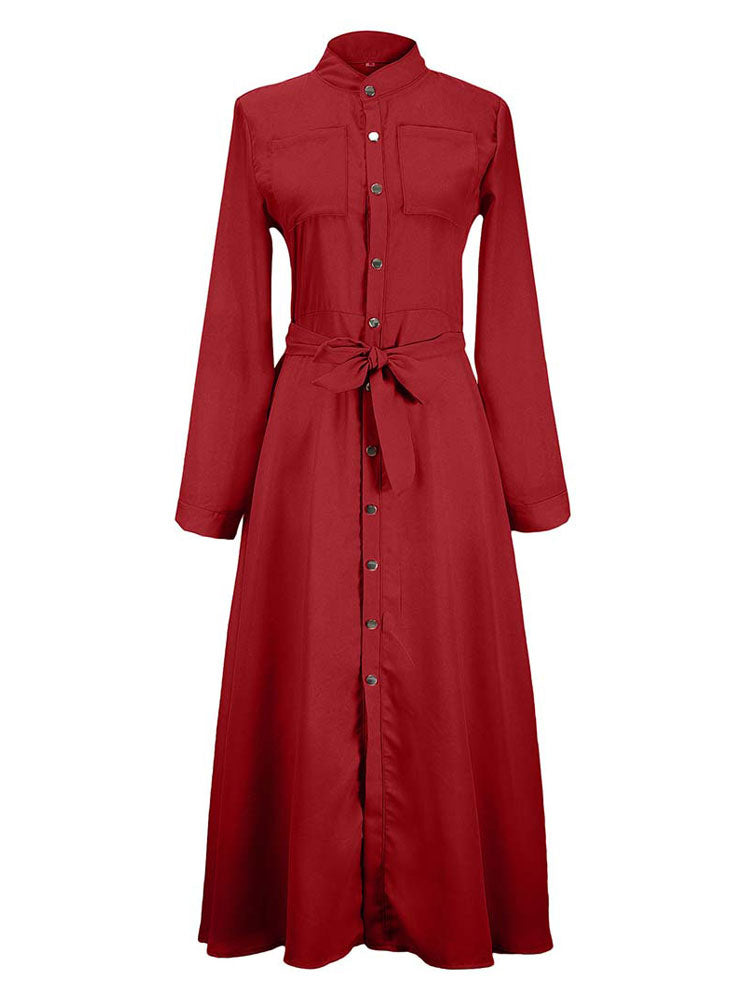 Women Maxi Dresses High Rise Stand Collar Buttons Long Sleeves Floor Length Shirt Dress