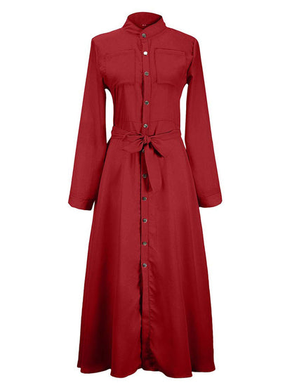 Women Maxi Dresses High Rise Stand Collar Buttons Long Sleeves Floor Length Shirt Dress