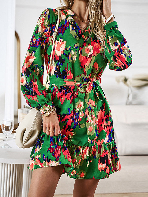 Long Sleeves Loose Printed Split-Joint Tied Waist V-Neck Mini Dresses