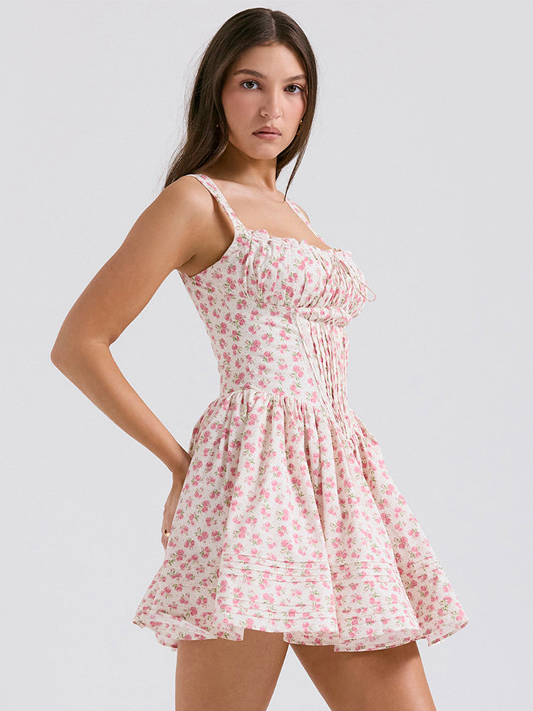Floral Dress Mini Dresses Dresses Floral Print Lace Up Straps Neck Sleeveless No Open Seam Elegant Fall Short