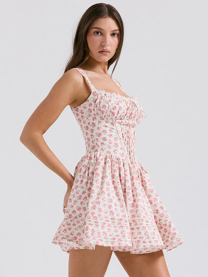 Floral Dress Mini Dresses Dresses Floral Print Lace Up Straps Neck Sleeveless No Open Seam Elegant Fall Short