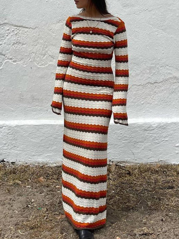 Long Sleeves Loose Backless Split-Joint Striped Round-Neck Maxi Dresses Sweater Dresses