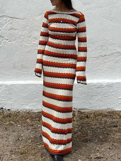 Long Sleeves Loose Backless Split-Joint Striped Round-Neck Maxi Dresses Sweater Dresses