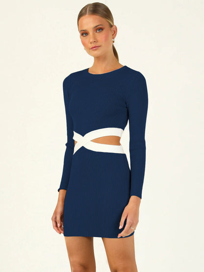 Two-Tone Knitted Dress Cutout Round Neck Long Sleeves Casual Mini Dresses