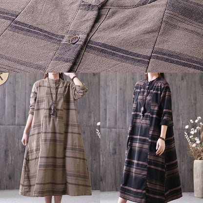 100% chocolate striped clothes stand collar drawstring Maxi Dress