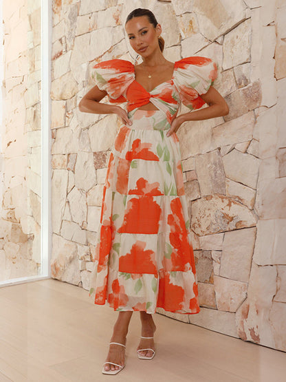 Floral Dress Maxi Dresses Floral Print Short Sleeves Strapless Casual Open Shoulder Strapless Cut Out No Open Seam Long Summer