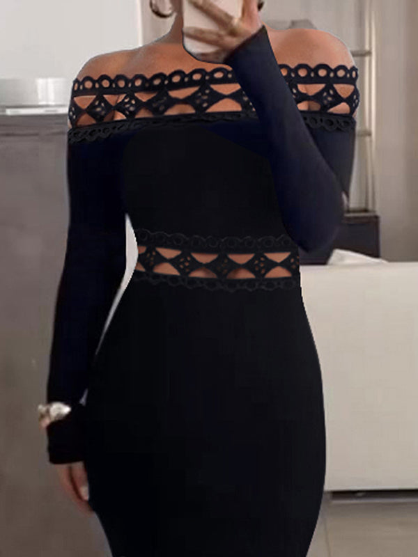 Bodycon Long Sleeves Hollow Solid Color Split-Joint Off-The-Shoulder Midi Dresses