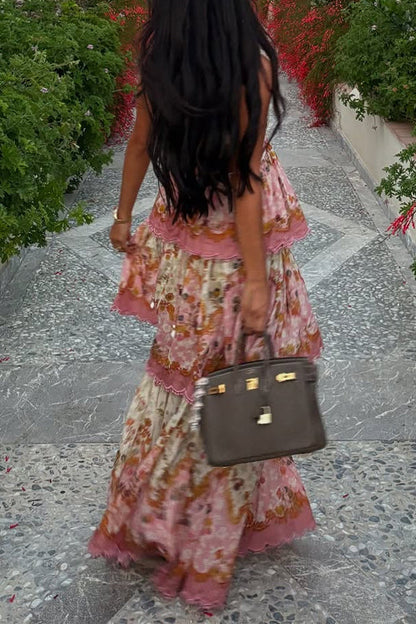 Spaghetti Strap Back Lace-up Ruffle Layered Floral Print Maxi Dress