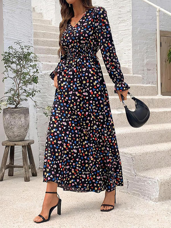 Loose Puff Sleeves Elasticity Floral Printed Split-Joint V-Neck Maxi Dresses