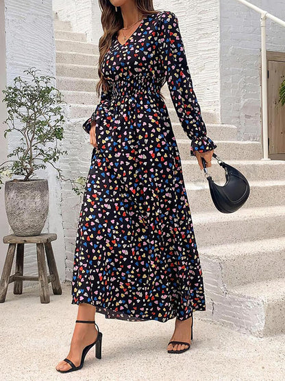 Loose Puff Sleeves Elasticity Floral Printed Split-Joint V-Neck Maxi Dresses