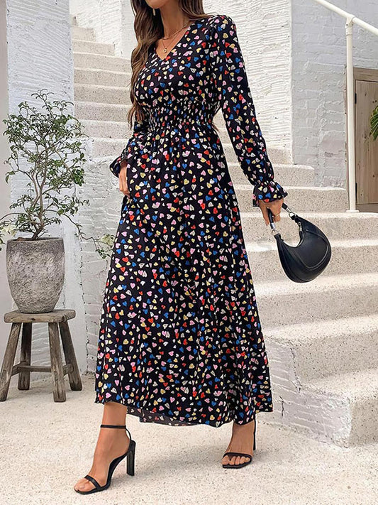 Loose Puff Sleeves Elasticity Floral Printed Split-Joint V-Neck Maxi Dresses