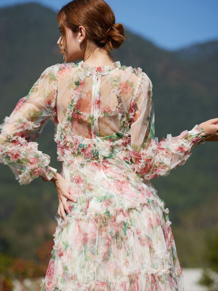 Floral Dress Illusion Neck And Sleeves High Collar Teried Party Maxi Dresses