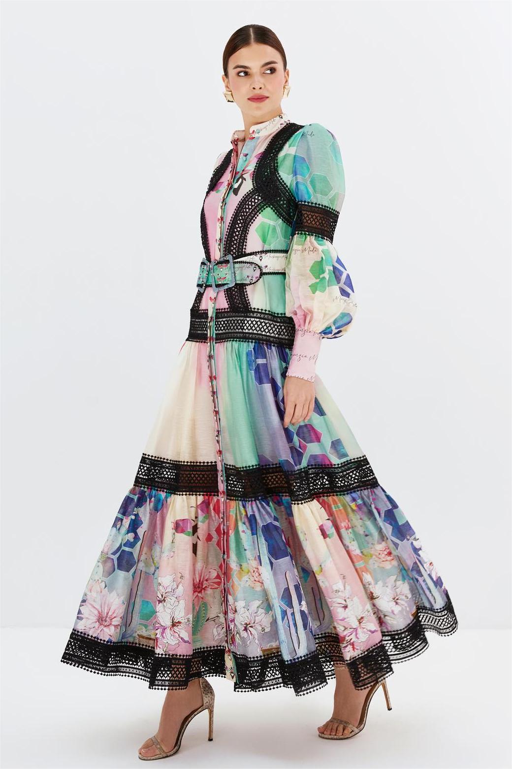 Floral Lace Long Sleeve Midi Dress With Belt