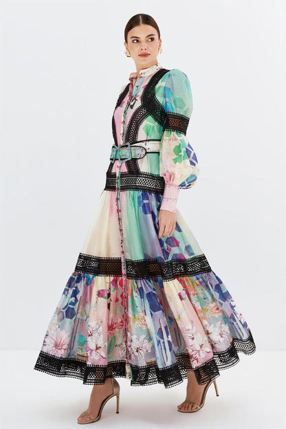 Floral Lace Long Sleeve Midi Dress With Belt