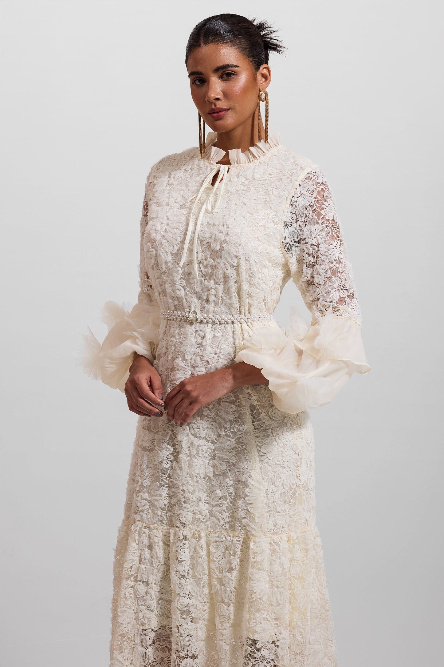 Solid Lace 3D Floral Midi Dress With Faux Pearl Belt