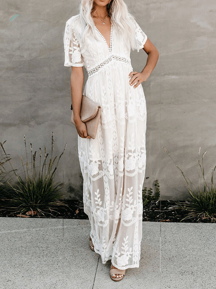 White Long Dress Lace Sexy V Neck Short Sleeves Boho Maxi Dresses