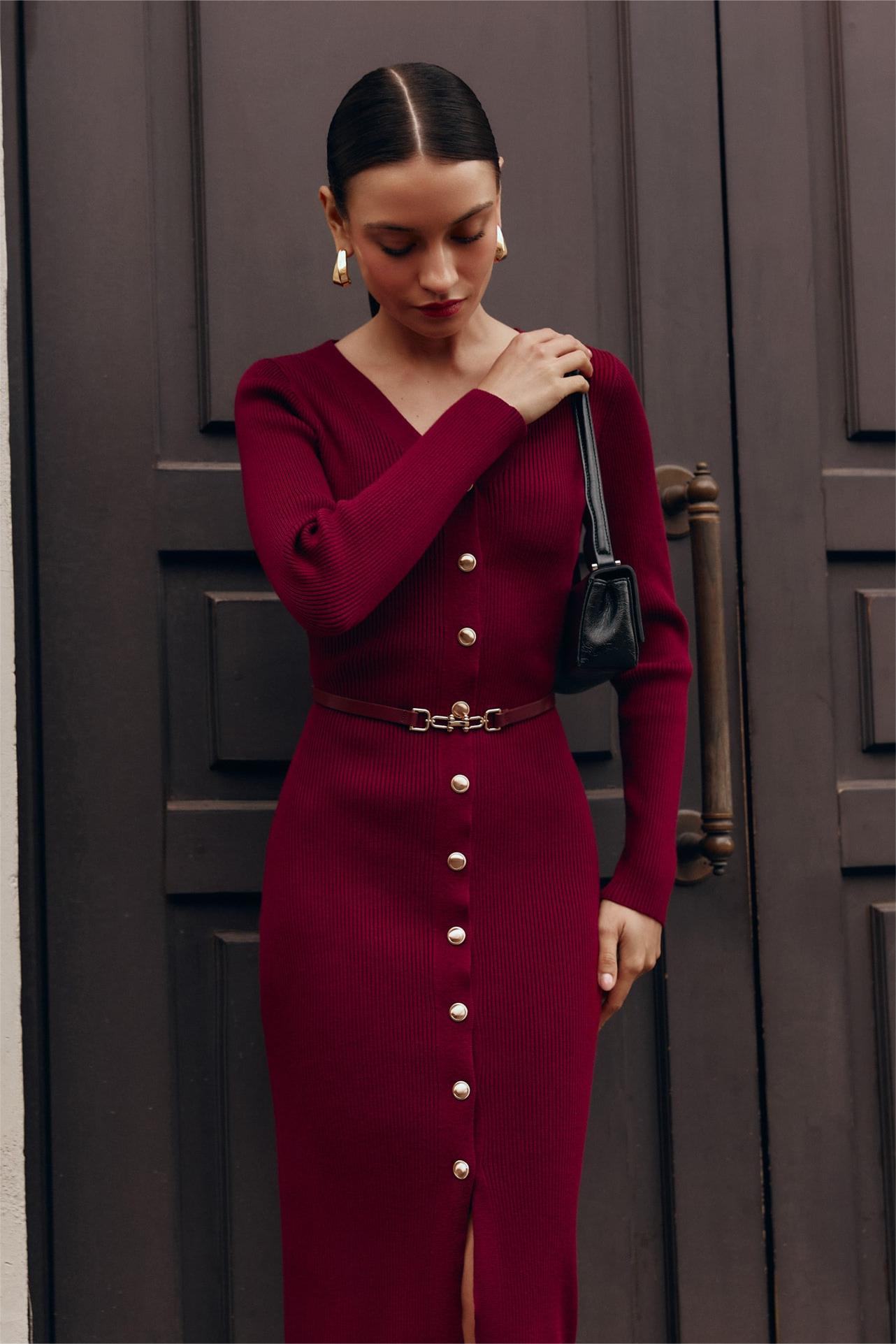 Knit Cable V-neck Solid Mermaid Midi Dress