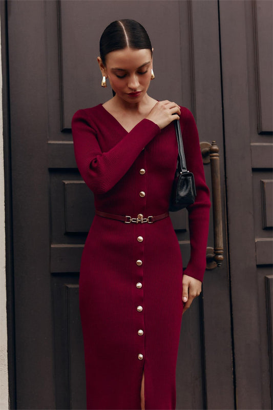 Knit Cable V-neck Solid Mermaid Midi Dress
