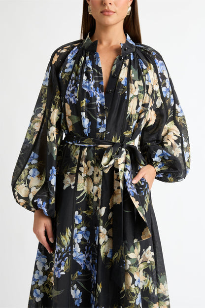 Floral Lantern Sleeve Bottom Midi Dress