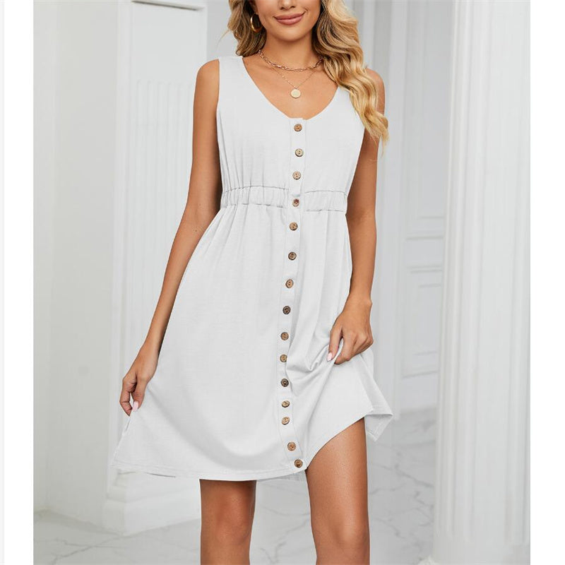 Solid Color Sleeveless Mini Dress with Button Details