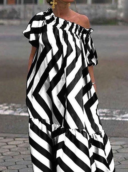 Asymmetric Contrast Color Pleated Pockets Striped One-Shoulder Maxi Dresses