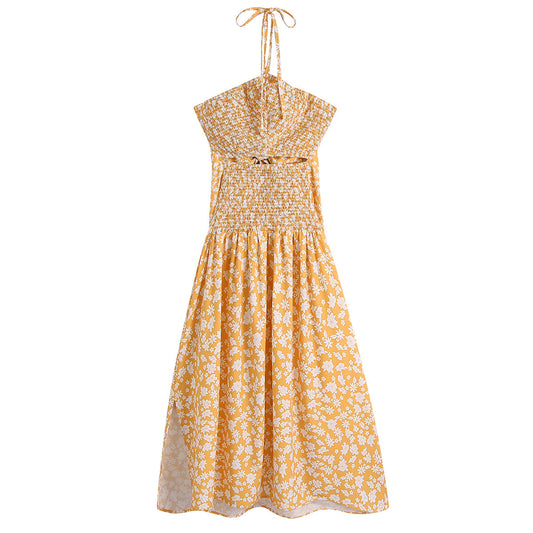 Spring Floral Halter Elastic Sleeveless Mini Dress