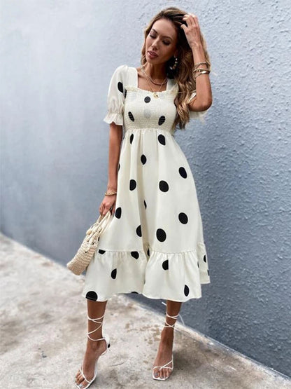 Polka Dot Square Neck Short Sleeves Midi Dress