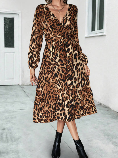 Women's Long Sleeve V Neck Midi Dress with Belt