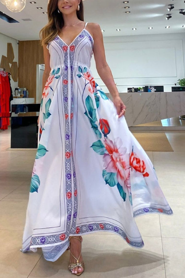 Symmetrical Beauty Flowers A-line Vacation Maxi Dress