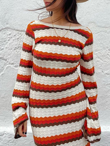 Long Sleeves Loose Backless Split-Joint Striped Round-Neck Maxi Dresses Sweater Dresses