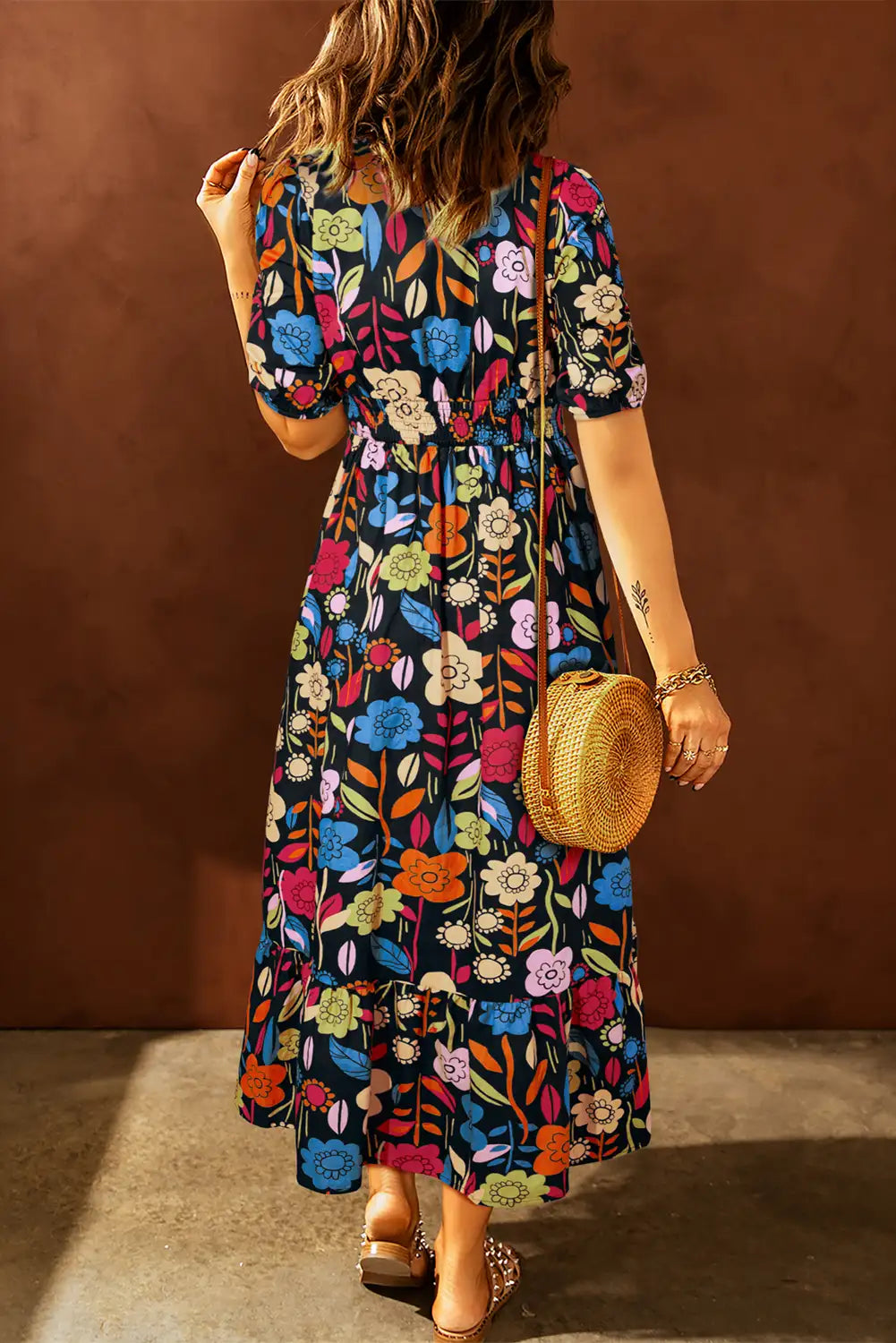 charming black retro floral maxi dress