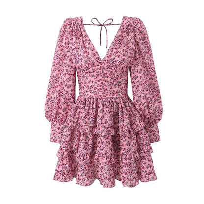 Early Spring Romantic Printed Sexy Backless V Neck Long Sleeve Princess Dress Short Dress – Floral Print Backless V Neck Mini Dress