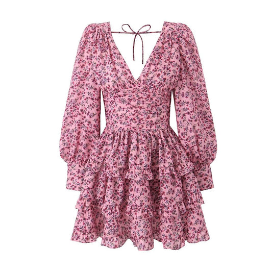 Early Spring Romantic Printed Sexy Backless V Neck Long Sleeve Princess Dress Short Dress – Floral Print Backless V Neck Mini Dress