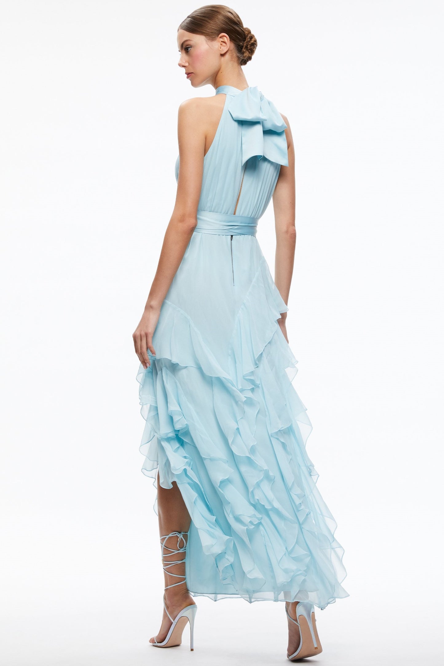 Chiffon Sleeveless Frill Split Midi Dress With Belt