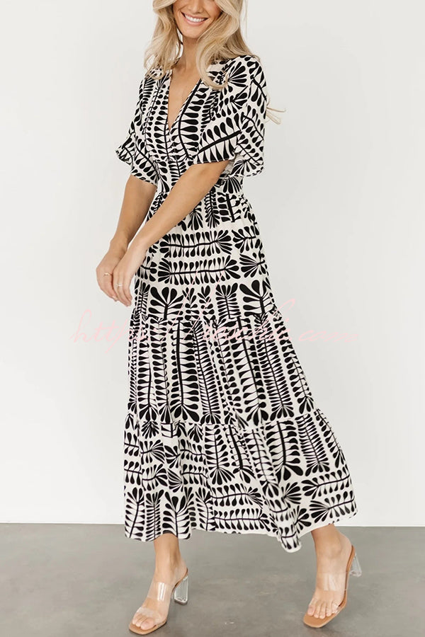 Bohemian Style Unique Printed Short Sleeve High Waist Midi Dress
