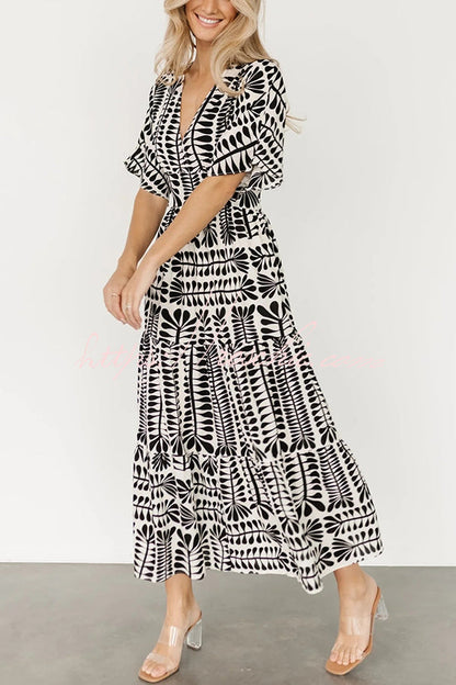 Bohemian Style Unique Printed Short Sleeve High Waist Midi Dress