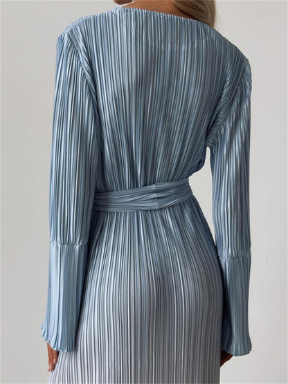 Tossy Pleated Gradient Midi Dress Women’s Lace Up New Fashion Long Sleeved Loose Pullover Female High Waist Party Dress 2024