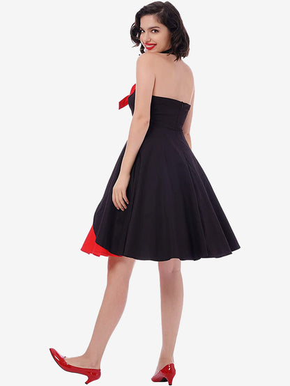 Red And Black Sexy Knot V Neck Halter Party Vintage Dress Women Pin Up Fit And Flare Layered Elegant Midi Dresses