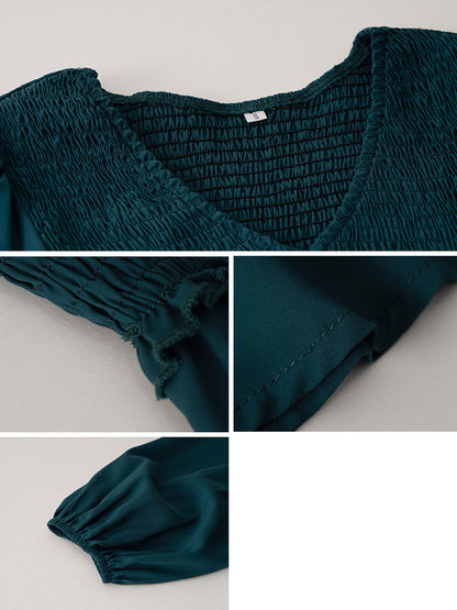 Midi Dresses V-Neck Long Sleeves Pleated Layered Chic Fit And Flare Dress