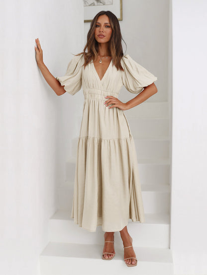 KIMONA SMOCKED SHORT SLEEVE MAXI DRESS - BEIGE