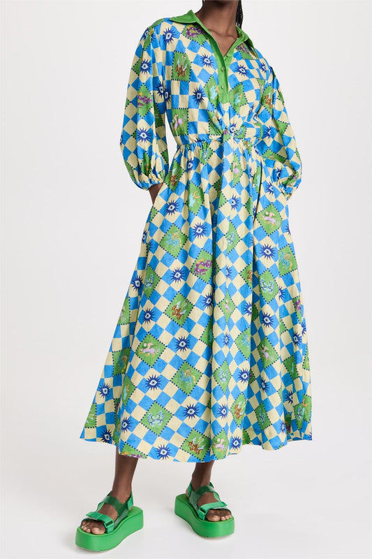 Geometric Patterns Puff Sleeve Cut-Out Midi Dress
