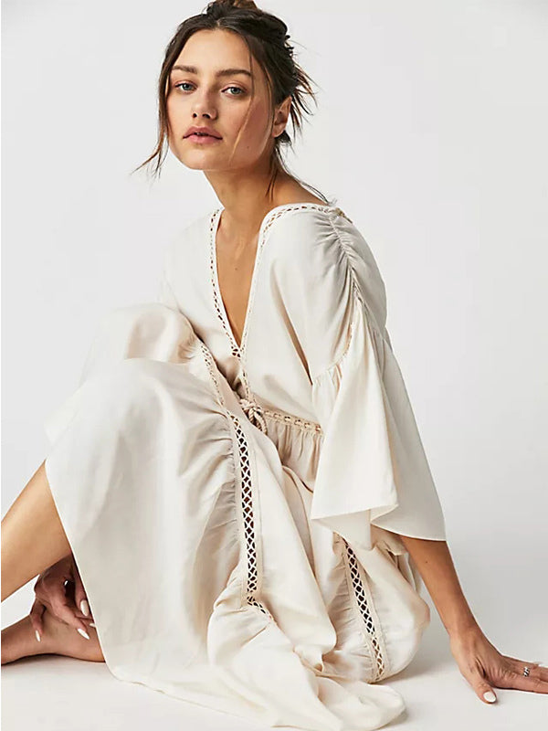 Boho Dress V-Neck Low-cut Back Ruffles Tiered Hollow Maxi Dresses