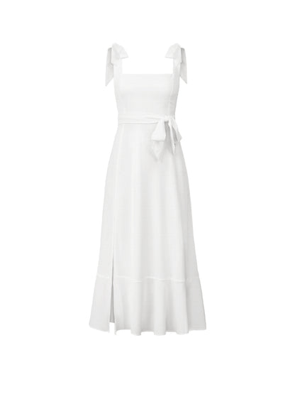 AVIANCA SHOULDER TIE BRIDAL MIDI DRESS - WHITE