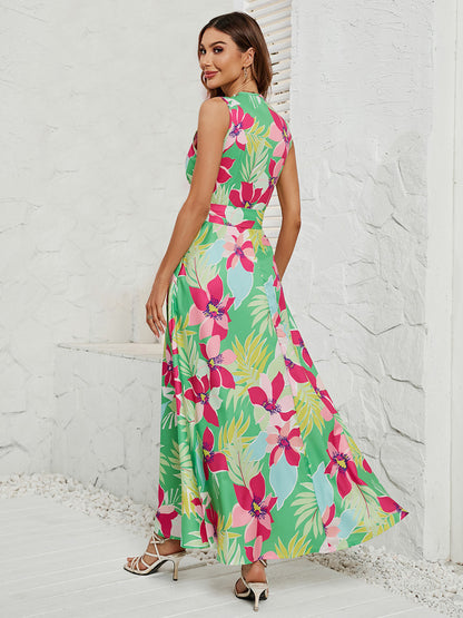Maxi Dress Allover Floral V-Neck Belted Sleeveless Asymmetrical Long Dresses