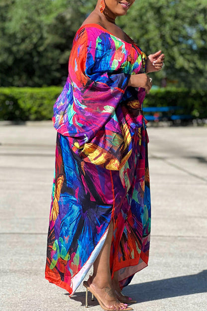Sexy Plus Size Satin Print V-neck Batwing Sleeve Slit Loose Maxi Dress