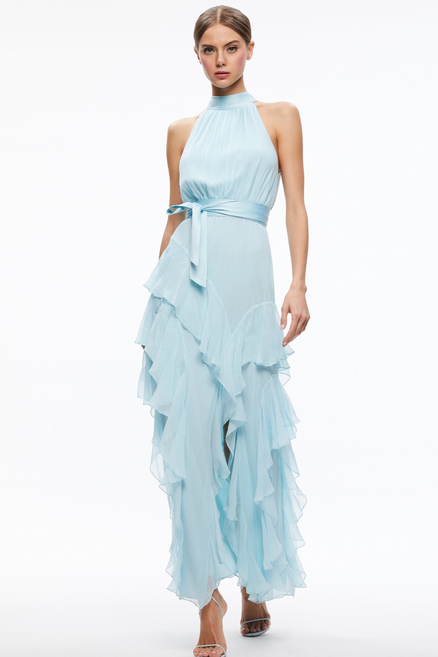 Chiffon Sleeveless Frill Split Midi Dress With Belt
