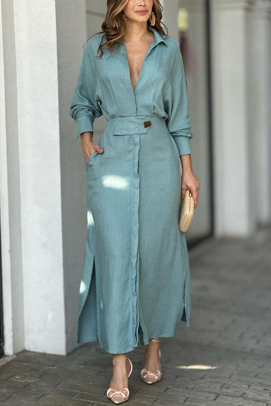 Know Your Worth Linen Blend Pocketed Slit Shirt Midi Dress