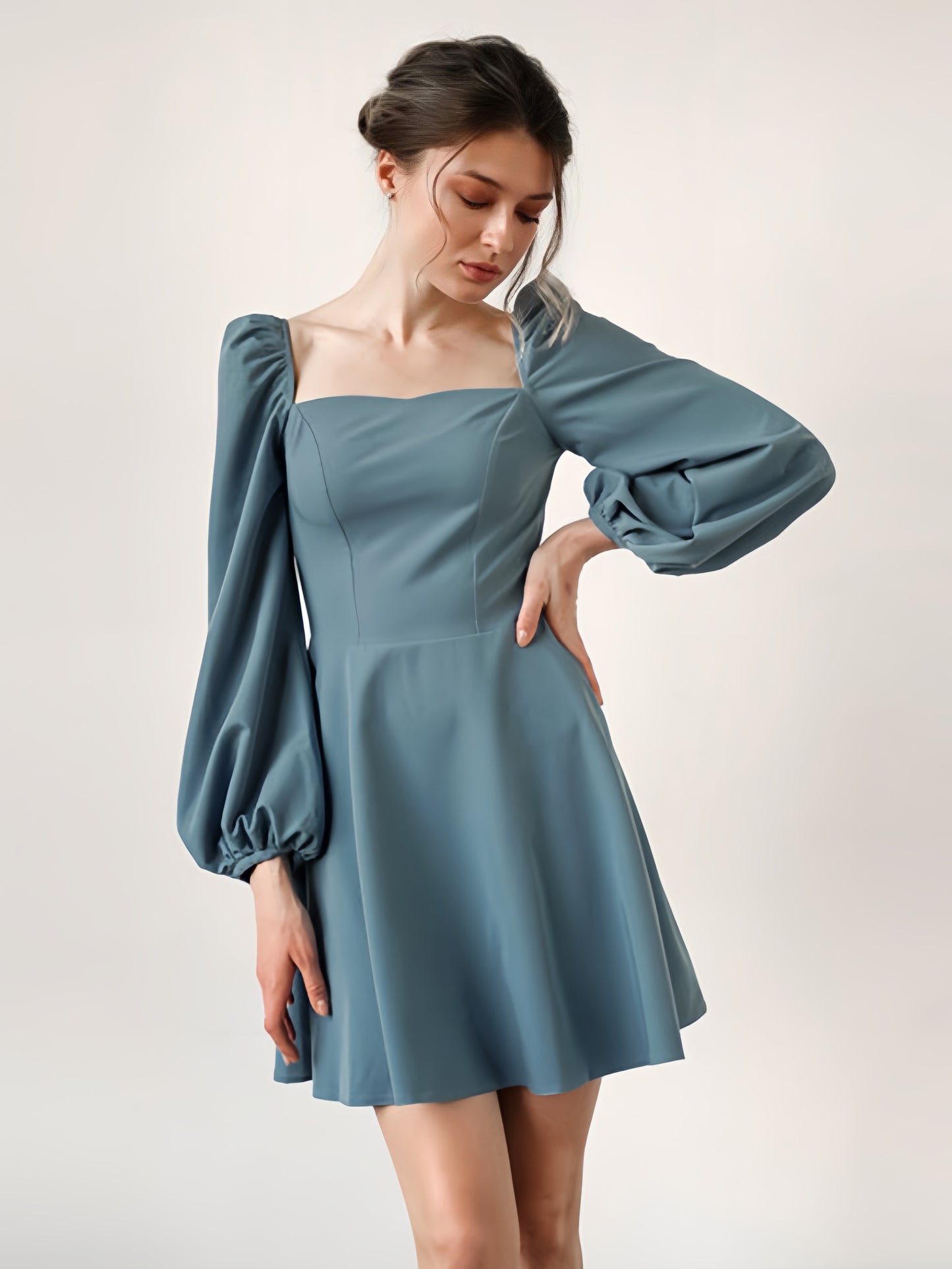 Casual Skater Dresses Square Neck Long Sleeves Flared Mini Dress