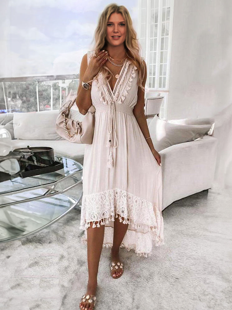 Fringe High Low Design Sexy V-Neck Sleeveless Midi Dress