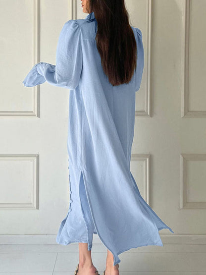 Flared Sleeves Long Sleeves Buttoned Solid Color Split-Side Stand Collar Midi Dresses Shirt Dress